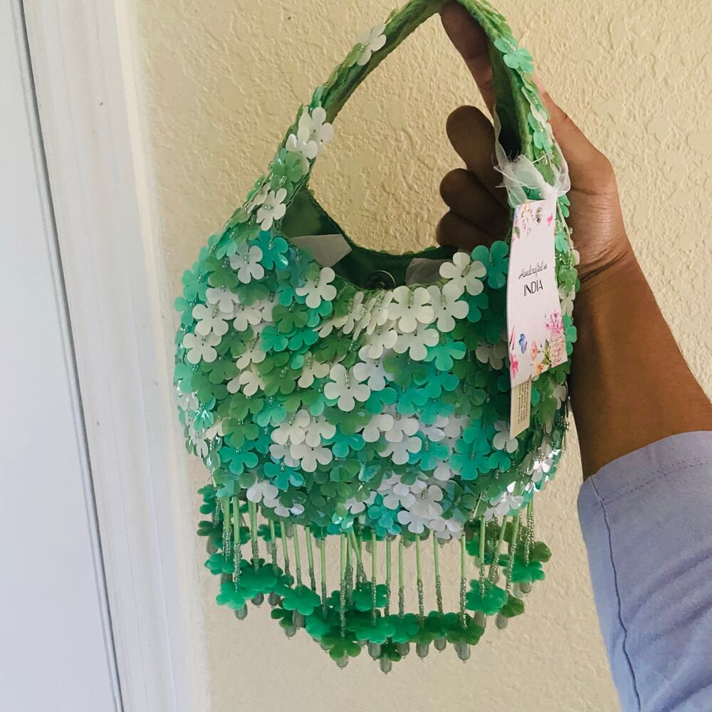 Viral Made in India Green Beaded Floral Handbag -- NWT